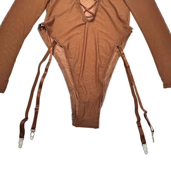 NWT Frederick's of Hollywood Mesh Bodysuit Teddy Sz.M Brown  Sheer Garter Sexy - Picture 5 of 7